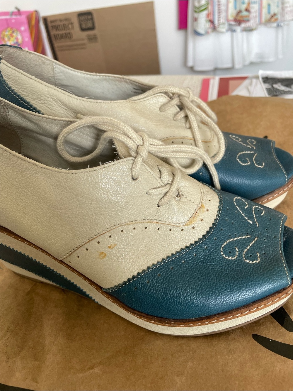 Anthropologie Blue and Cream Platform Shoes - Picture 5 of 5
